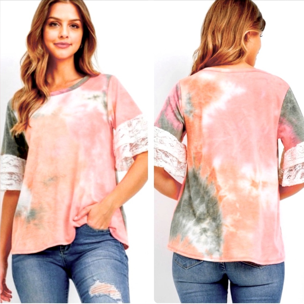 NEW Perfect Peach Tie Dye Shirt with Lace sleeves